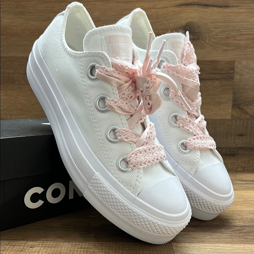 Converse White Sneakers with Pink Lace platform